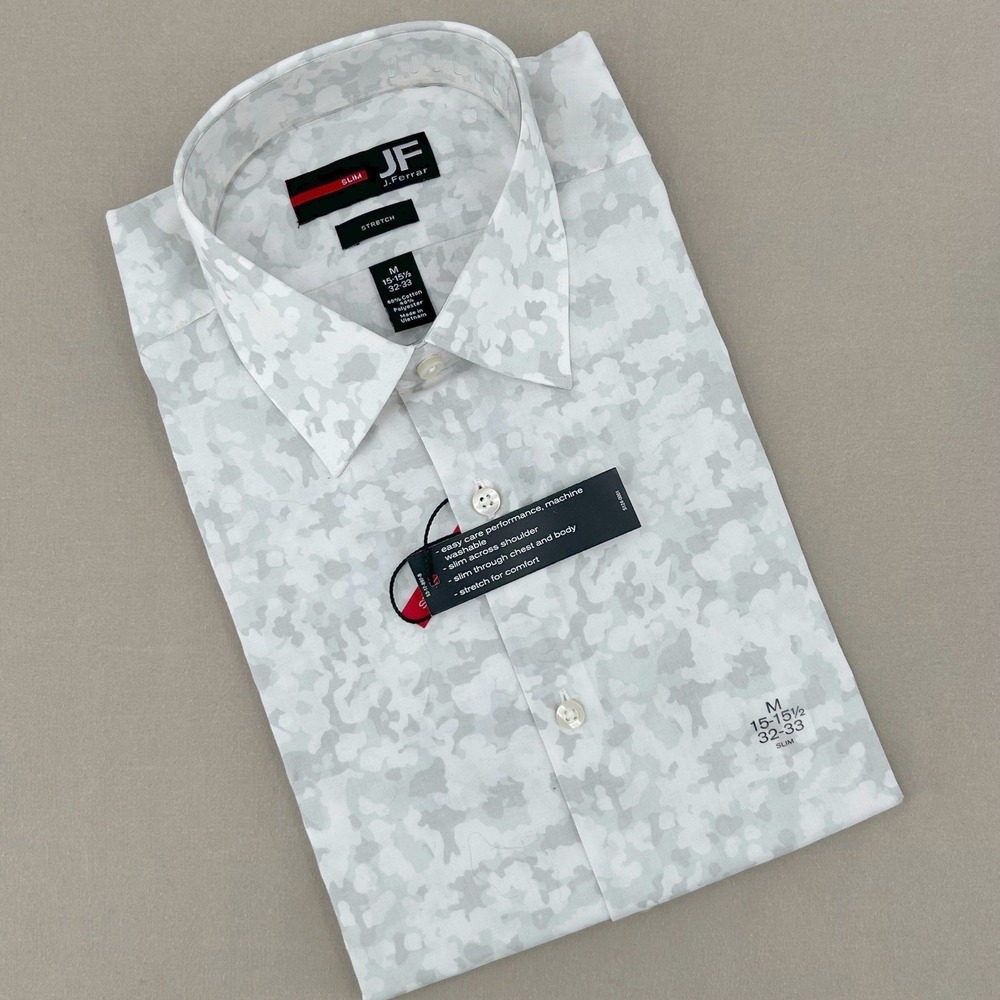 J Ferrar Mens Slim Fit White Camo Stretch Dress Shirt Medium 15- 15 1/2 32-33